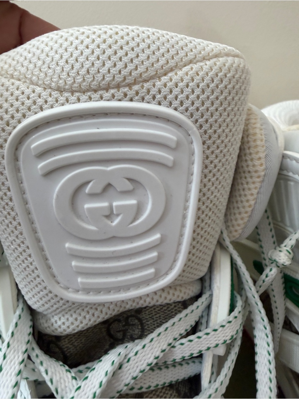 Gucci White High-Top Sneakers with Red Soles and Green Accents - Picture 4 of 17